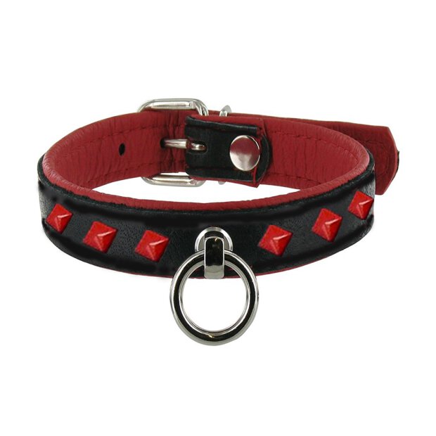 Leather Studded O-Ring Collar - Red