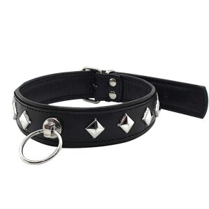 Leather Studded O-Ring Collar - Black