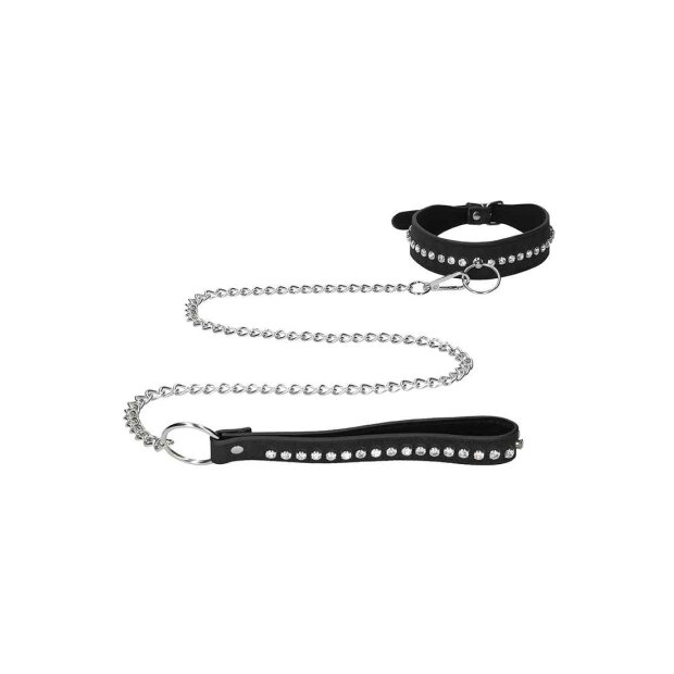 Diamond Studded Collar With Leash  - Black