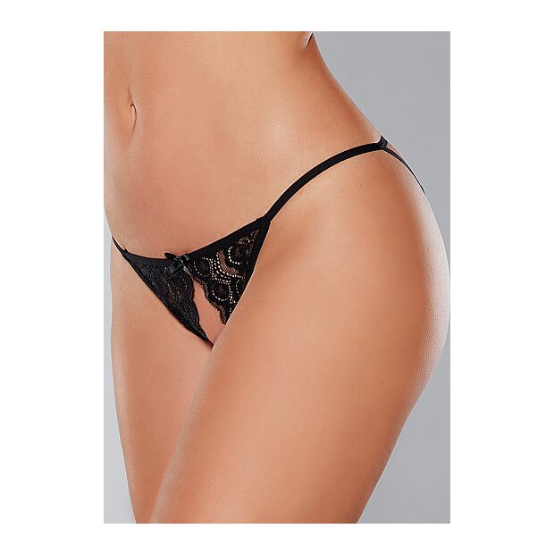 Lace Panty Open Front Lace Elastic Strap   -  Black - OS