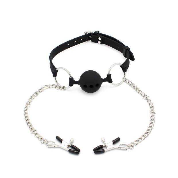 Silicone Ball Gag w/ Nipple Clamps