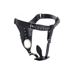 Strict Male Chastity Harness + Silicone Anal Plug - Black