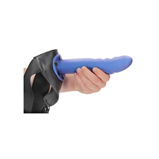 Shots Ouch! Strukturierter gebogener hohler Strap-On blau 20 cm