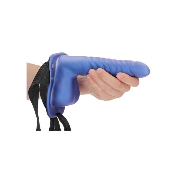Shots Ouch! Gerippter hohler Strap-On mit Hoden blau 21 cm
