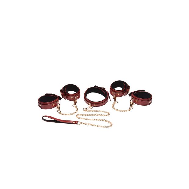 6 Piece Burgundy Bondage Set Burgundy Cuffs, Collar, & Leash