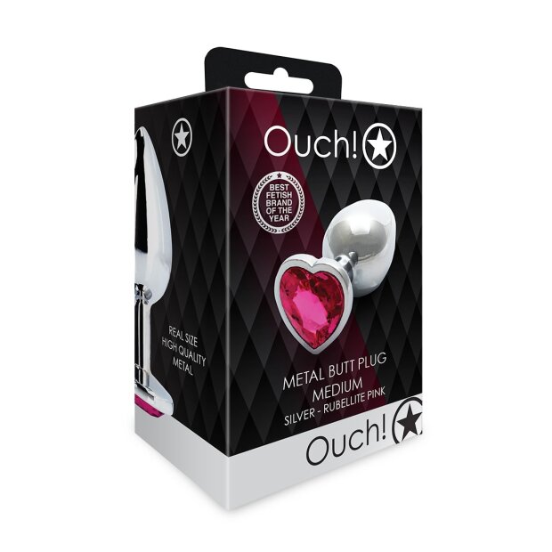 Shots Ouch! Herz Edelstein Anal Plug Silber Rosa mittel 3,4 cm