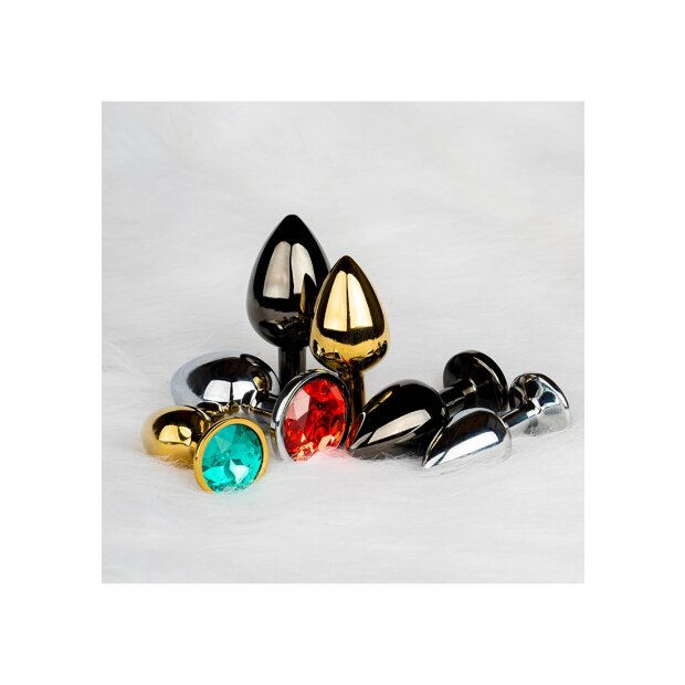 Shots Ouch! Round gemstone butt plug black silver medium 3.4 cm