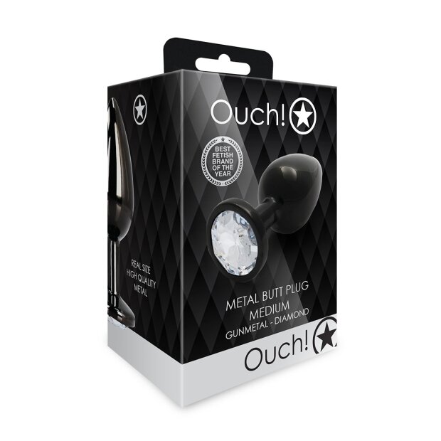 Shots Ouch! Round gemstone butt plug black silver medium 3.4 cm
