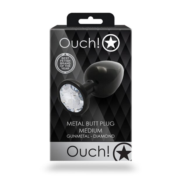 Shots Ouch! Round gemstone butt plug black silver medium 3.4 cm