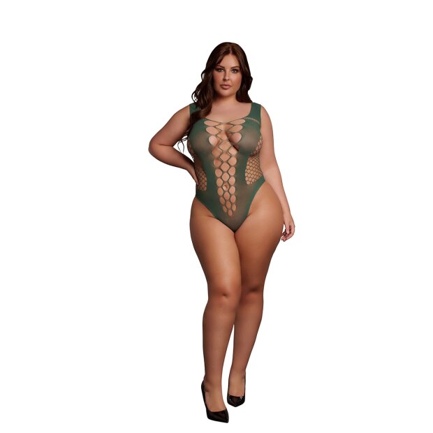 V-Neck Teddy with Opaque Panels Green - Queen Size