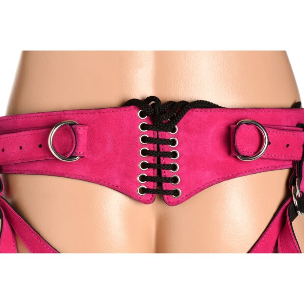 XR Brands corset de luxe en cuir harnais rose