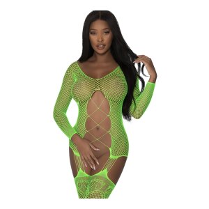 Magic Silk - Fishnet Gartered Catsuit - One Size - Lime