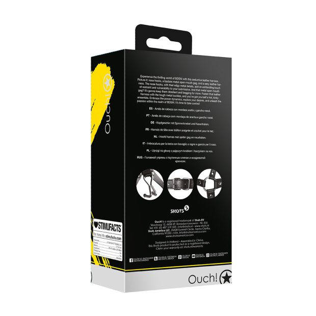 Shots harnais de tête avec bâillon de bouche daraignée et crochet de nez noir