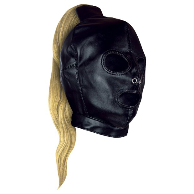 Shots Leder Maske mit blondem Pferdeschwanz schwarz
