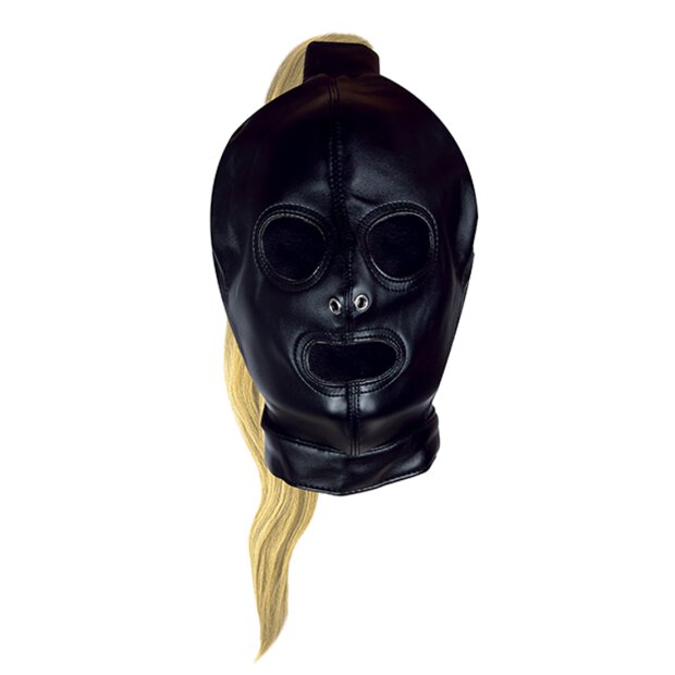 Shots Leder Maske mit blondem Pferdeschwanz schwarz