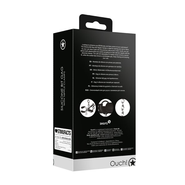 Shots Silikon-Beißknebel mit Nippelklammern schwarz