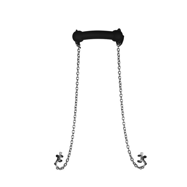 Shots Silikon-Beißknebel mit Nippelklammern schwarz