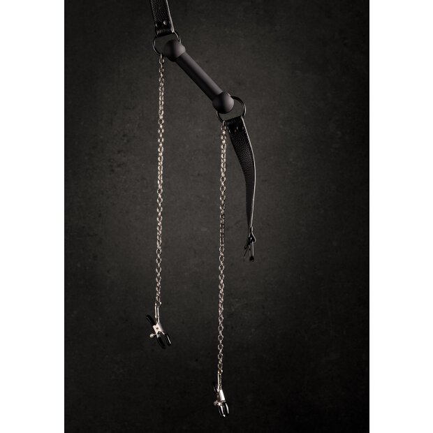 Shots Silikon-Beißknebel mit Nippelklammern schwarz