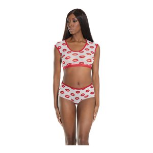 Lip Print Crop Top & Short White Onesize - Queensize