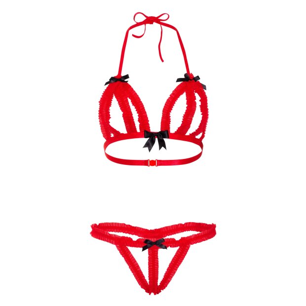 Peek-a-boo Ruffle Bra & Panty Red S/M