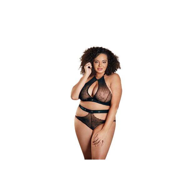 Allure Lace Halter Top & Backless Panty Set Plussize schwarz