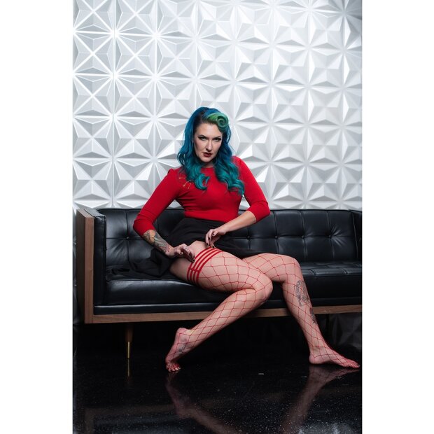 Kixies Claudia halterlose Strümpfe großes Netz Muster rot S - XL