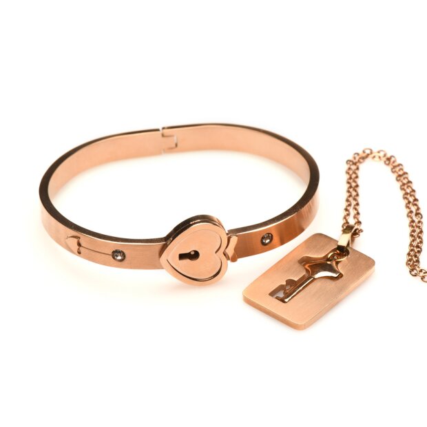 XR Brands Cuffed Locking Bracelet and Key Necklace - Rose Gold