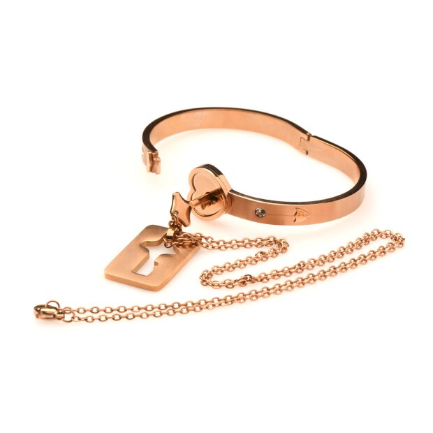 XR Brands Cuffed Locking Bracelet and Key Necklace - Rose Gold