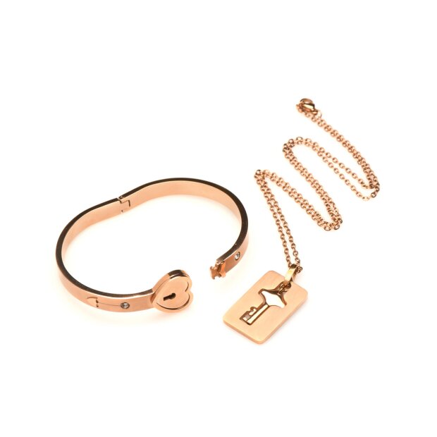 XR Brands Cuffed Locking Bracelet and Key Necklace - Rose Gold