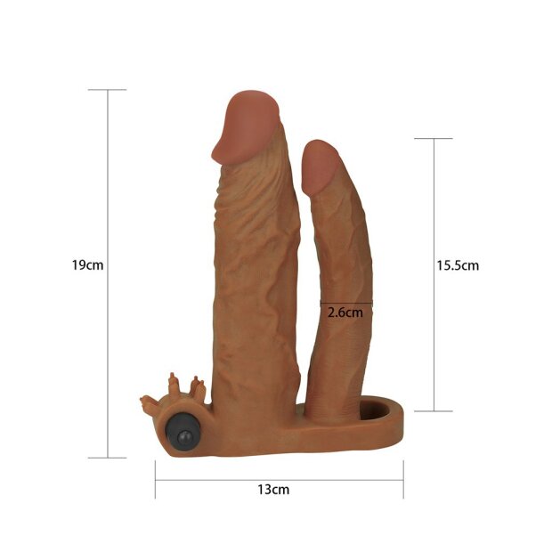 LoveToy Pleasure X Tender Vibrating Double Penis Sleeve + 2" /  5 cm Brown