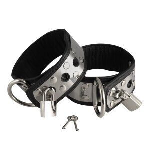 Rimba Leather Ankle Cuffs with Padlock Silver Black