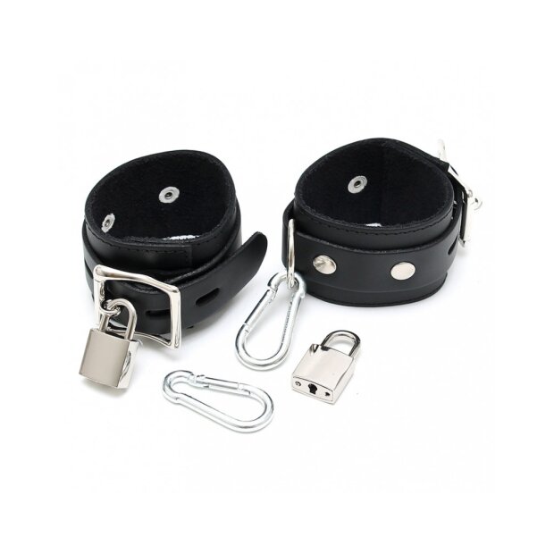 Rimba Ankle Cuffs with Lock and 2 Carabiner Hooks Silver Black