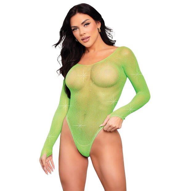 Fishnet thong back bodysuit O/S green