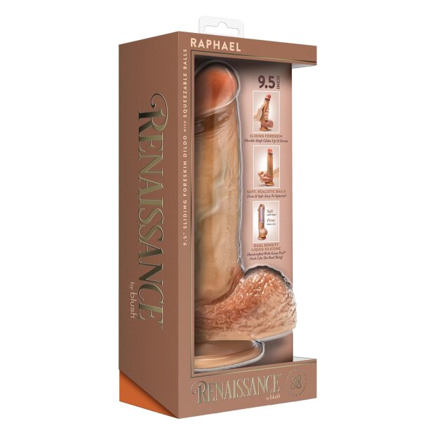 Blush Renaissance Raphael 9.5 Inch Sliding Foreskin Dildo with Squeezable Balls Tan 20.1 cm