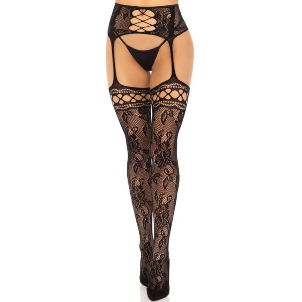 Leg Avenue Suspender stockings with integrated garter belt with floral lace One Size Black