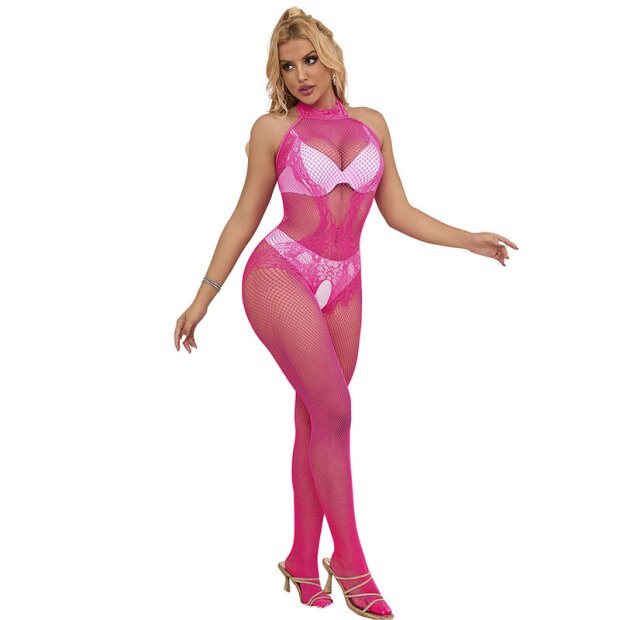 SUBBLIME Fishnet And Lace Crotchless Bodystocking With High Neck Pink One Size