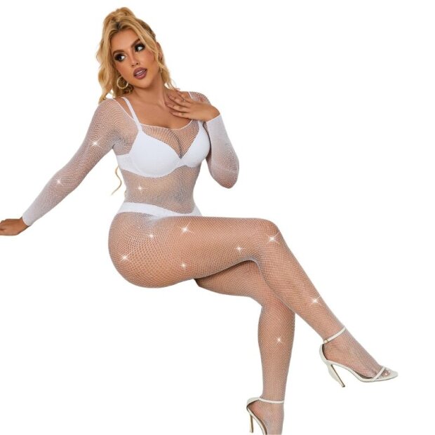 SUBBLIME Fishnet Bodystocking With Diamonds Long Sleeve White One Size