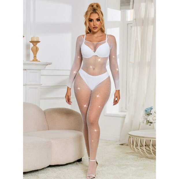 SUBBLIME Fishnet Bodystocking With Diamonds Long Sleeve White One Size