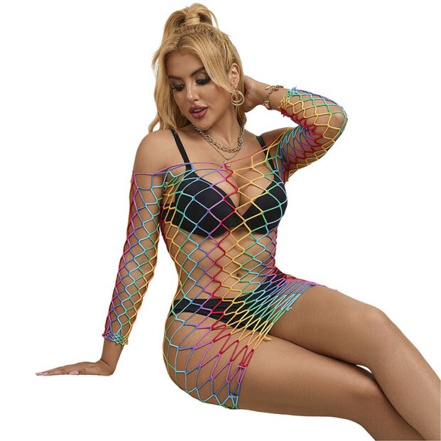 SUBBLIME Rainbow Long Sleeve Fishnet Bodystocking One Size