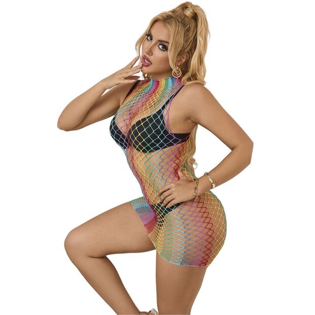 SUBBLIME Rainbow High Neck Sleeveless Fishnet Bodystocking One Size