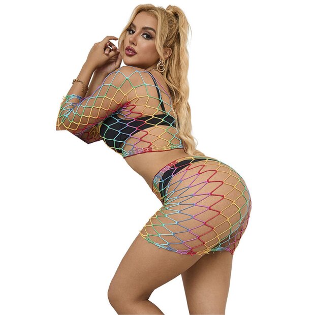 SUBBLIME 2 Piece Fishnet Bodystocking Long Sleeve Rainbow One Size
