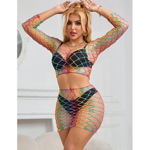 SUBBLIME 2 Piece Fishnet Bodystocking Long Sleeve Rainbow One Size