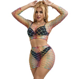 SUBBLIME 2 Piece Fishnet Bodystocking Long Sleeve Rainbow...