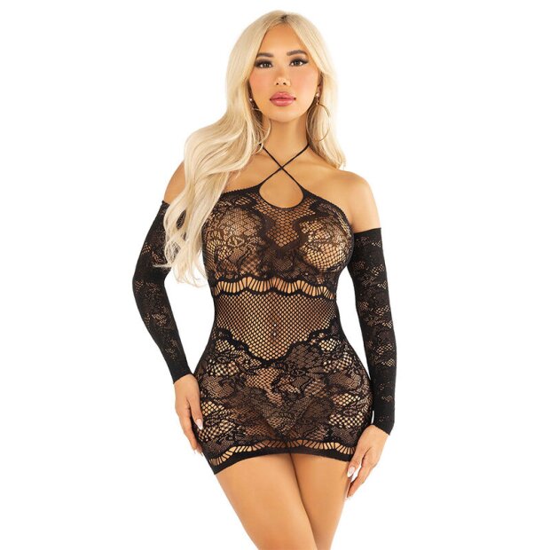 Leg Avenue Off Shoulder Long Sleeved Mesh Mini Dress Black