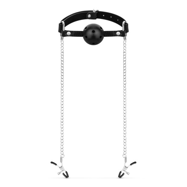 Bedroom Fantasies Ball Gag with Nipple Clamps Black