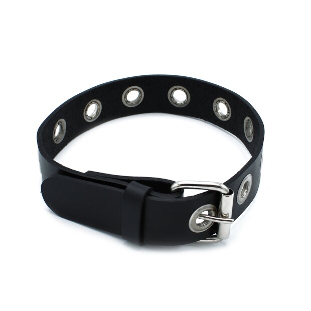 Kiotos Narrow Leather Collar with Multi Metal Eyelets Black