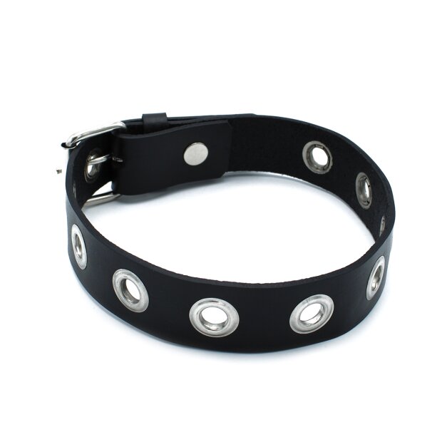 Kiotos Narrow Leather Collar with Multi Metal Eyelets Black
