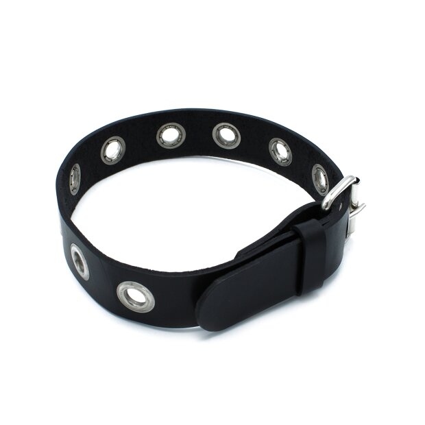 Kiotos Narrow Leather Collar with Multi Metal Eyelets Black