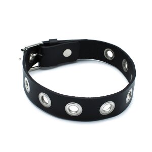 Kiotos Narrow Leather Collar with Multi Metal Eyelets Black