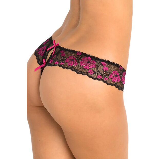 Rene Rofe Lingerie Crotchless Lace Thong With Bows Black M/L - 3XL/4XL